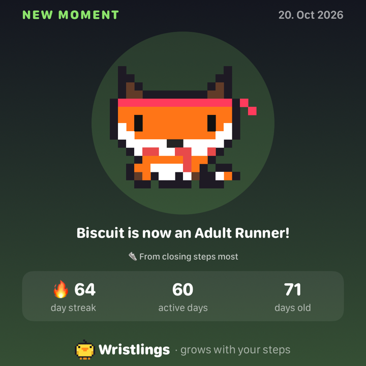 Share card: Biscuit is now an Adult Runner, 64-day streak