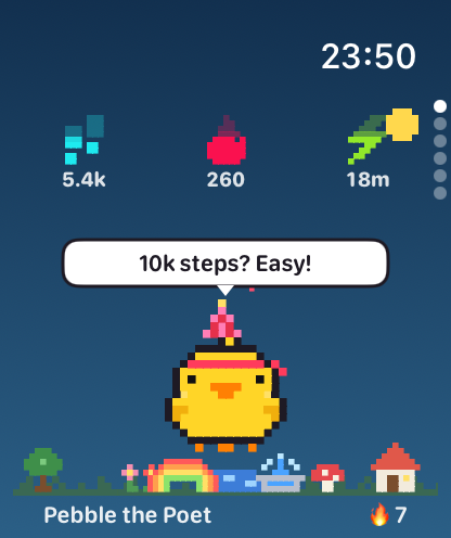 A chick in a party hat in a decorated meadow says: 10k steps? Easy!